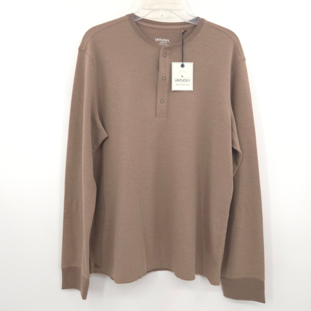 UNTUCKit Schrock Henley Shirt Mens Medium Tan Long Sleeve Waffle Knit Snap